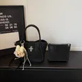 Elegant black lychee pattern bucket bag set with plush puppy pendant and adjustable strap - Bag Set (Without Charm) / Black