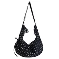 Schwarze gepunktete Hobo-Tasche mit verstellbarem Riemen und Kordelzug an der Seite - Schwarz