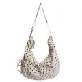 Beigefarbene Polka-Dot-Sichel-Schultertasche mit Kordelzug-Details und Reißverschluss - Weiß