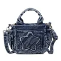 Dark blue washed denim tote bag with star patch and adjustable crossbody strap - Blue