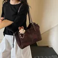 Brown textured tote bag with vintage geometric patterns and a cute bear charm - With Pendant / Coffee
