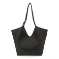 Black tote bag with pebble texture faux leather, V-shaped top, and long shoulder straps - Black