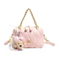 Borsa a tracolla trapuntata rosa con manico a catena d'oro e ciondolo a cucciolo - con portachiavi / Rosa