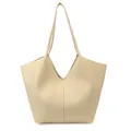 Chic beige large capacity tote bag with lychee texture leather and V-shaped opening - Off White