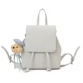 Minimalist beige leather drawstring backpack with cute plush bear charm for women - With Pendant / Blue