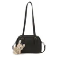 Black lychee leather crossbody square bag with cute bunny plush pendant and silver hardware - Charm / Black