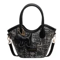 Sac seau tissé chic noir et gris avec poignées en cuir et breloque en forme de chien - Noir Avec Pendentif