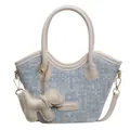 Sac seau tissé bleu et blanc avec finitions cuir et charmant pendentif de chiot - Blanc et Bleu Avec Pendentif