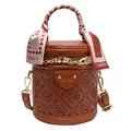 Retro brown PU round crossbody bag with embossed logo and silk scarf handle detail - Brown