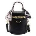 Black round barrel crossbody bag with logo embossing and decorative handle silk scarf - Black