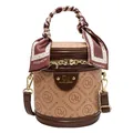 Brown monogram cylindrical crossbody bucket bag with patterned silk scarf handle wrap - Khaki
