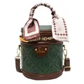 Green and brown cylindrical bucket bag with embossed monogram and silk scarf handle - Green
