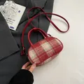 Red plaid woolen mini bowler bag with matching top handle and crossbody strap - No Pendant / Red
