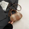 Brown and beige plaid bowling bag with leather handles and adjustable shoulder strap - No Pendant / Khaki