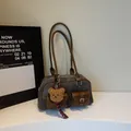 Vintage grey tote bag with brown leather trim and cute bear plush pendant - No Pendant / Dark Brown