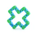 Blue and green Wacky Tracks fidget toy with flexible snap links in a bent shape - Wacky Tracks