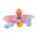 Five-piece baby bath toy set with pink tub, blue doll, yellow duck, soap and bottle - Pink