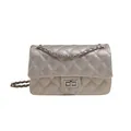 Champagne gold quilted crossbody bag with metal chain strap and turn-lock closure - Silver