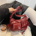 Deep red vintage oil wax leather shoulder bag with multi-pockets and silver hardware - Burgundy