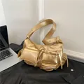 Chic golden vintage oil wax leather motorcycle bag with functional multi-pocket design - Gold