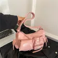 Pink vintage oil wax leather motorcycle bag with multi-pocket design and wide strap - Pink