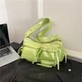 Neon green vintage oil wax leather shoulder bag with multi-pocket functional design - Green
