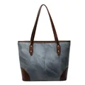 Minimalist grey textured tote bag with brown leather straps and large capacity for women - Blue