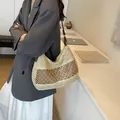 Large straw tote bag in beige and light brown patchwork with dark brown leather straps - Off White