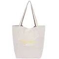 Detail of cream nylon tote bag featuring yellow lettering and check pattern handle - White