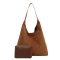 Brown suede shoulder tote bag and small leather pouch set shown on white background - Brown No Pendant