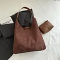 Dark brown suede tote bag set with wide leather strap and matching zipper pouch - Shoulder Bag Set / Coffee (No Pendant)