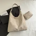 Beige faux suede hobo bag set including a tote and matching zipper pouch in minimalist style - Shoulder Bag Set / Khaki (Without Charm)