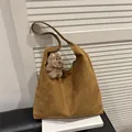 Dark brown suede hobo bag with wide shoulder strap and cute plush dog pendant charm - Brown (With Pendant)
