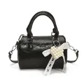 Black glossy wrinkled Boston bag with pearl heart pendant and white lace bow detail - With Pendant / Black