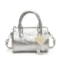 Silver wrinkled patent leather Boston bag with pearl heart charm and ribbon detail - With Pendant / Silver