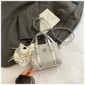 Silver metallic mini tote bag with wave texture and cute puppy charm, adjustable strap - Small With Pendant Wave Pattern