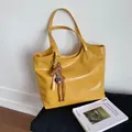Large yellow leather tote bag with stylish T-pendant for casual daily commuting women - With Charm / Yellow