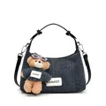 Sac à main en denim bleu foncé avec charme d'ours et bandoulière en cuir noir - Noir