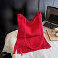 Fashionable bright red fringe hobo bag in soft suede texture with large capacity - Burgundy