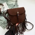 Bohemian brown faux suede crossbody bag with fringe tassels and metal buckle closure - Brown