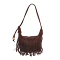 Bohemian dark brown suede crescent shoulder bag with long fringes and wood bead accents - Brown