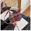 Mini plaid crossbody bag with red bows and white lace handle in retro colorful design - Blue Checkered