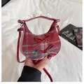 Mini plaid half-moon crossbody bag with red bows and white lace handle detail - Red Checkered
