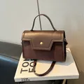 Brown vintage baguette handbag with mixed leather texture and golden metal buckle - Brown No Pendant
