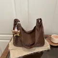 Retro dark brown hobo shoulder bag with plush bear charm and dual straps design - Brown with Pendant