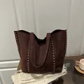 Retro dark brown suede tote bag with silver studs and spacious double shoulder straps - Brown
