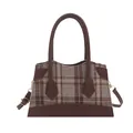 Modische grau-braune karierte Tweed-Eimertasche mit braunen Ledergriffen und Riemen - Graubraunes Karo (Stil 2)