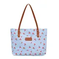 Hellblaue Shopper-Tasche mit Kirschmuster, braunen Ledergriffen und Aufnäher - Blau