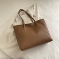 Minimalist caramel brown PU leather tote bag with elegant reinforced stitching details - Brown