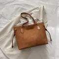 Retro brown oversized tote bag with suede texture and decorative drawstring details - No Pendant / Brown